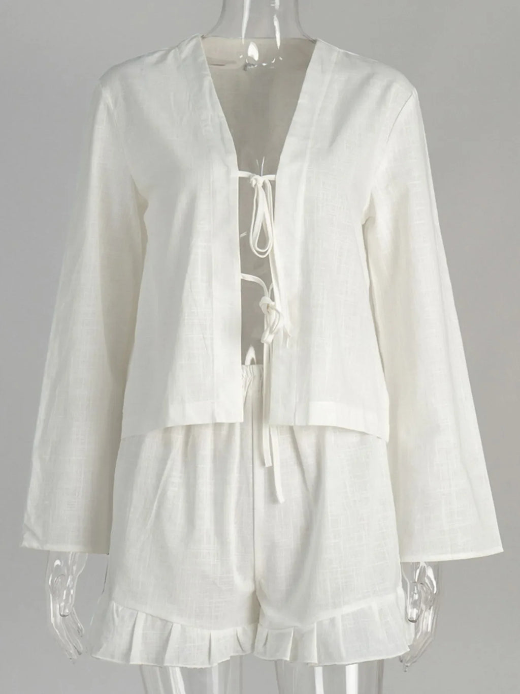 Tie Front Long Sleeve Top and Shorts Set