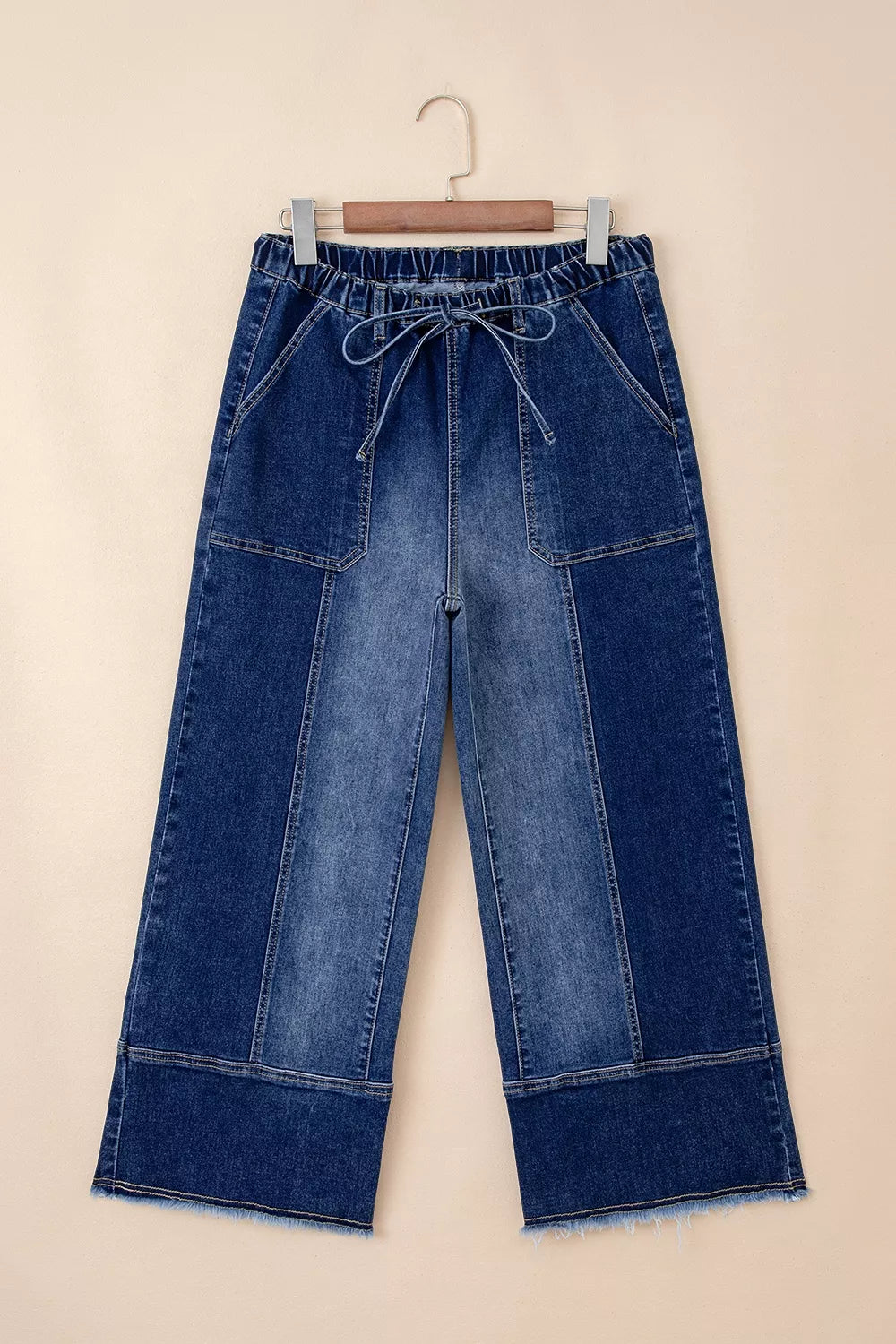 Drawstring Seam Detail Raw Hem Wide Leg Denim Pants