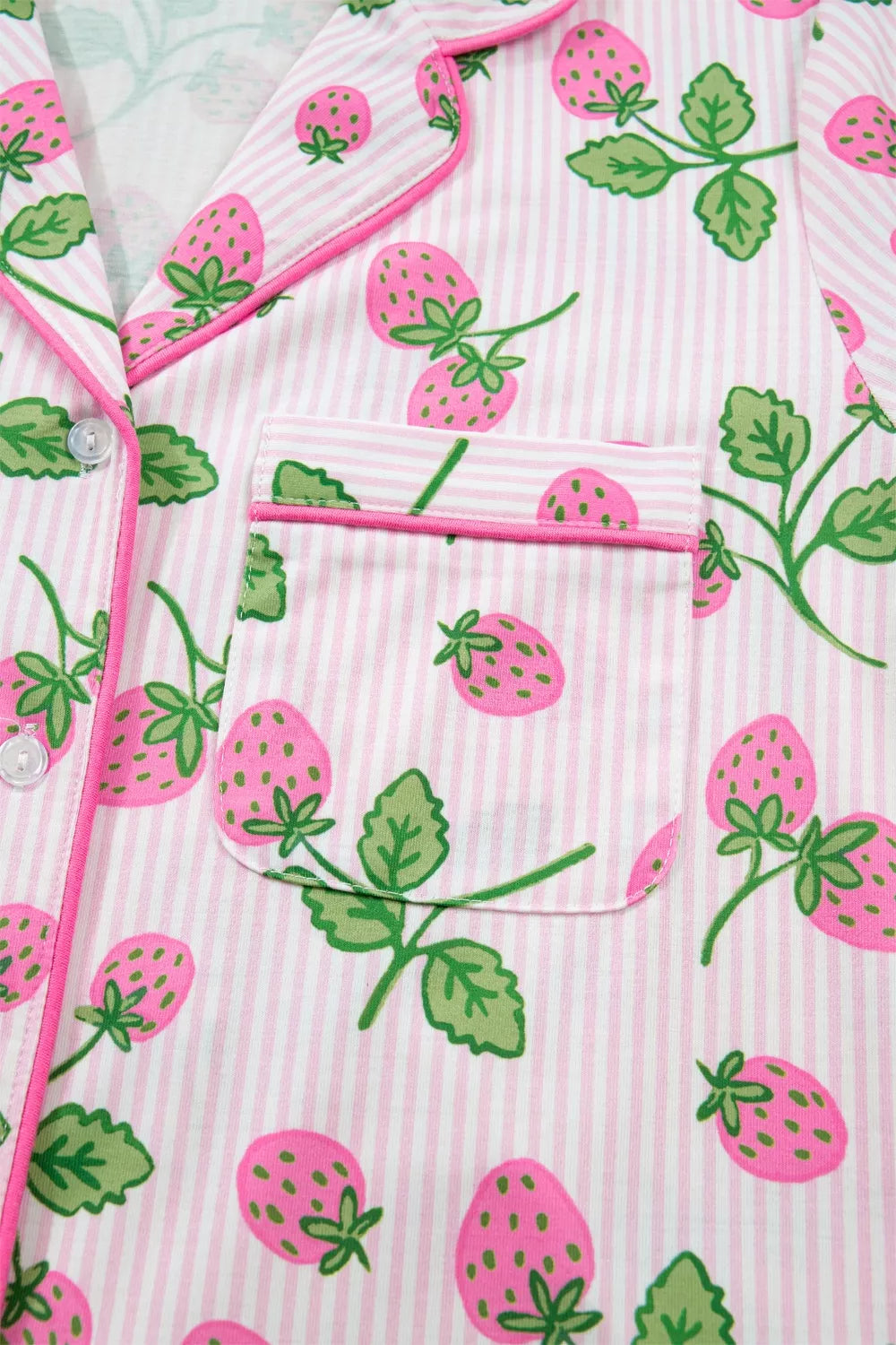 Striped Strawberry Print Lapel Shirt Drawstring Shorts 2pcs Pajama Set