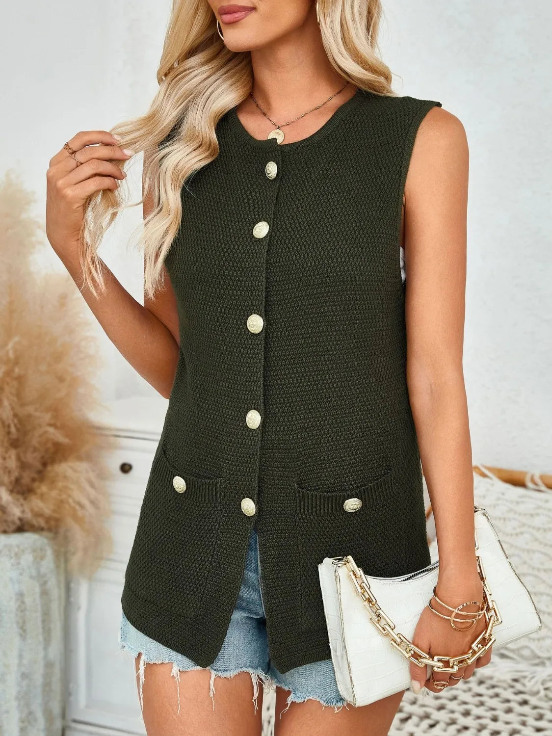 Button Down Round Neck Knit Vest