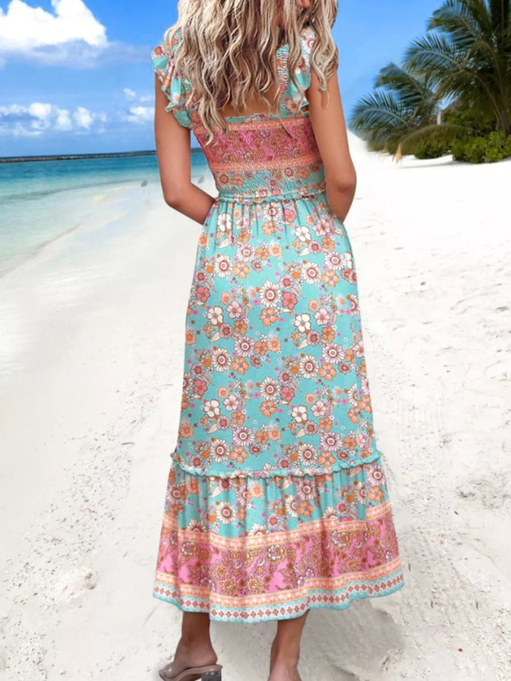 Tropical Palm Print Square Neck Midi Dress