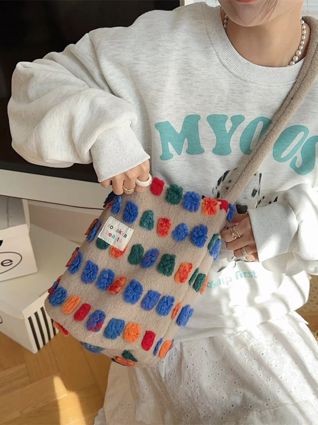Colorful Pom-Pom Plush Crossbody Bag