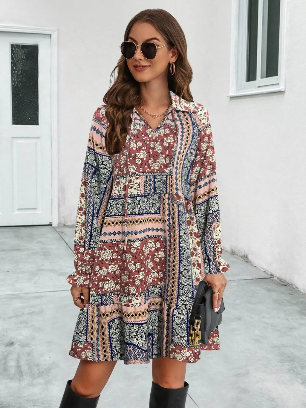 Boho Floral Print Long Sleeve Mini Dress