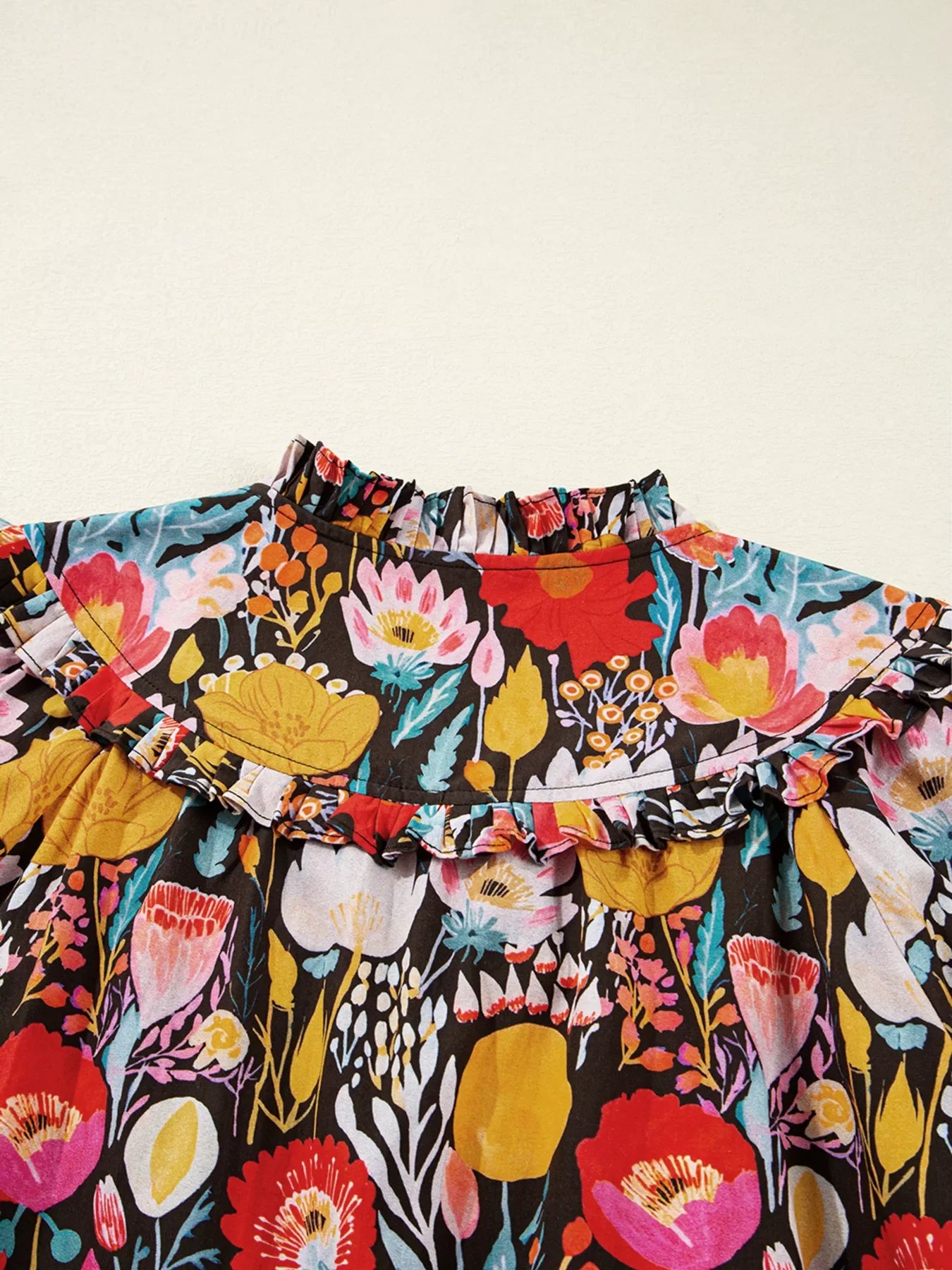 Floral 3/4 Puff Sleeve Tied Neck Blouse