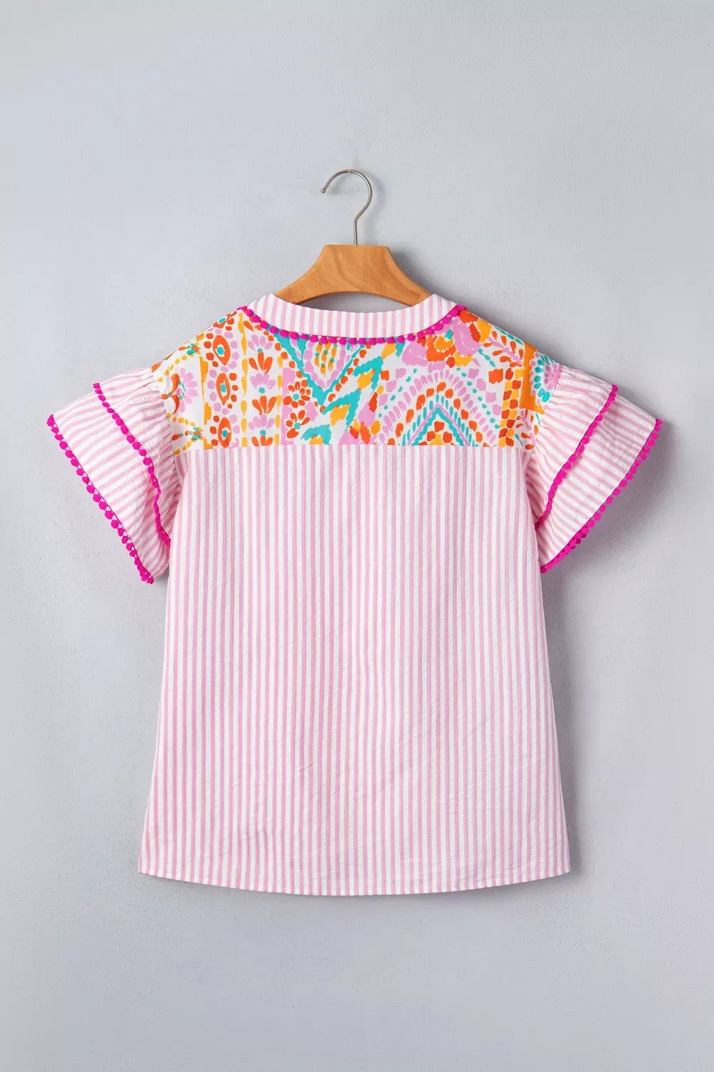 Mixed Print Contrast Trim Striped Patchwork Tiered Short Sleeve Blouse