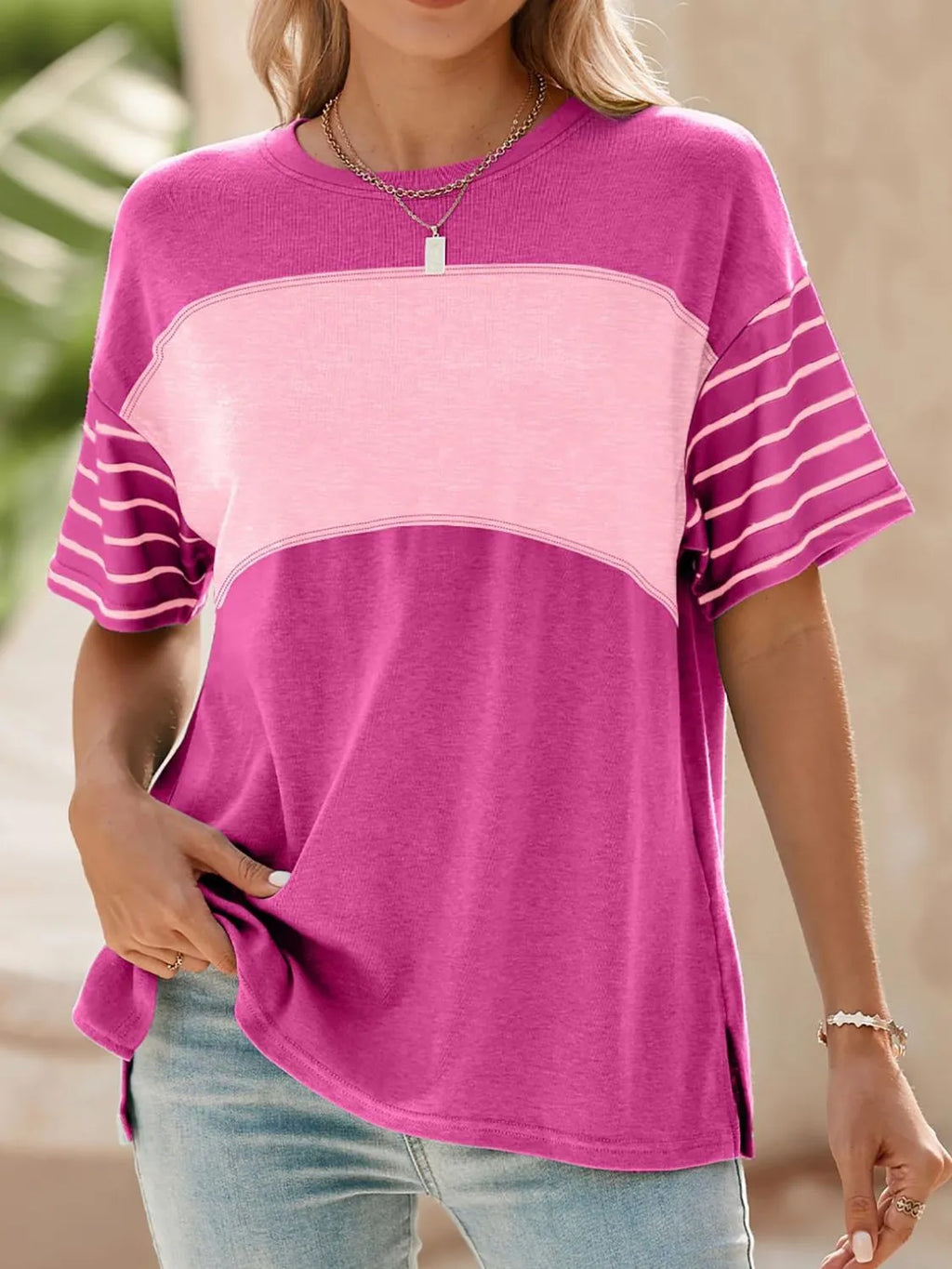 Color Block Striped Sleeve Casual T-Shirt