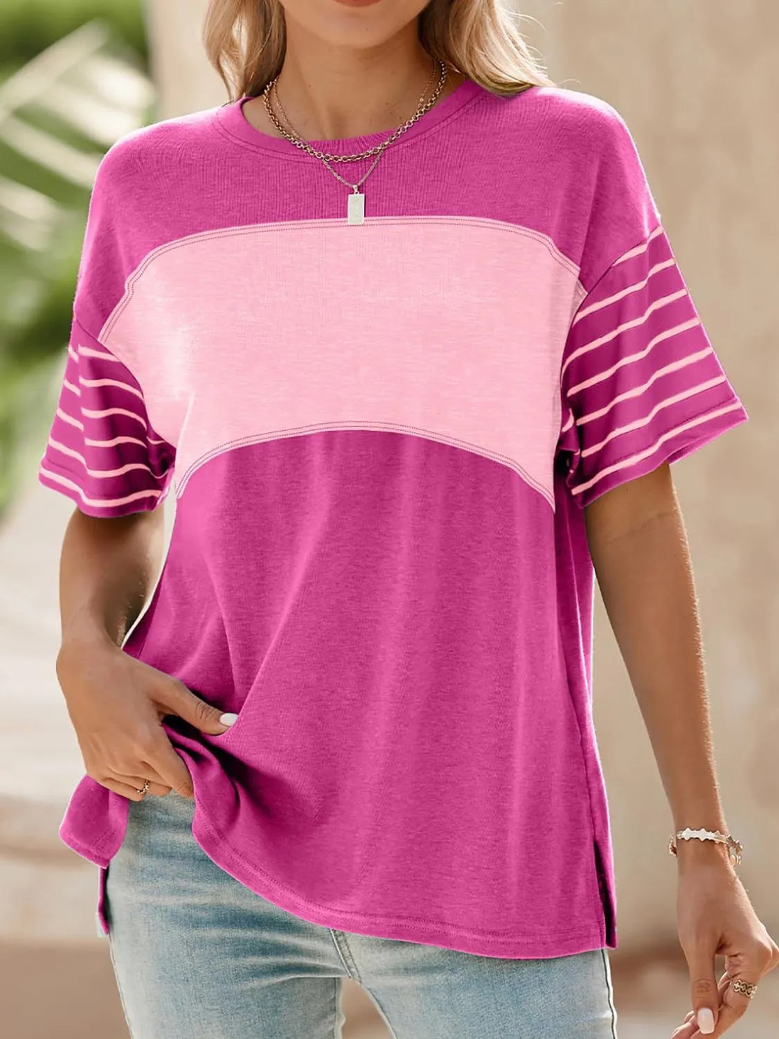 Color Block Striped Sleeve Casual T-Shirt