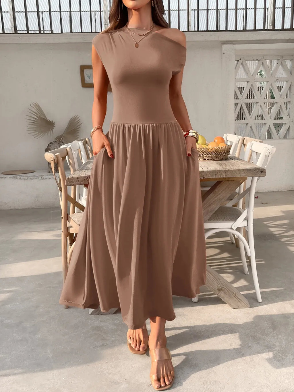 Single Shoulder Midi Dress with Pockets
