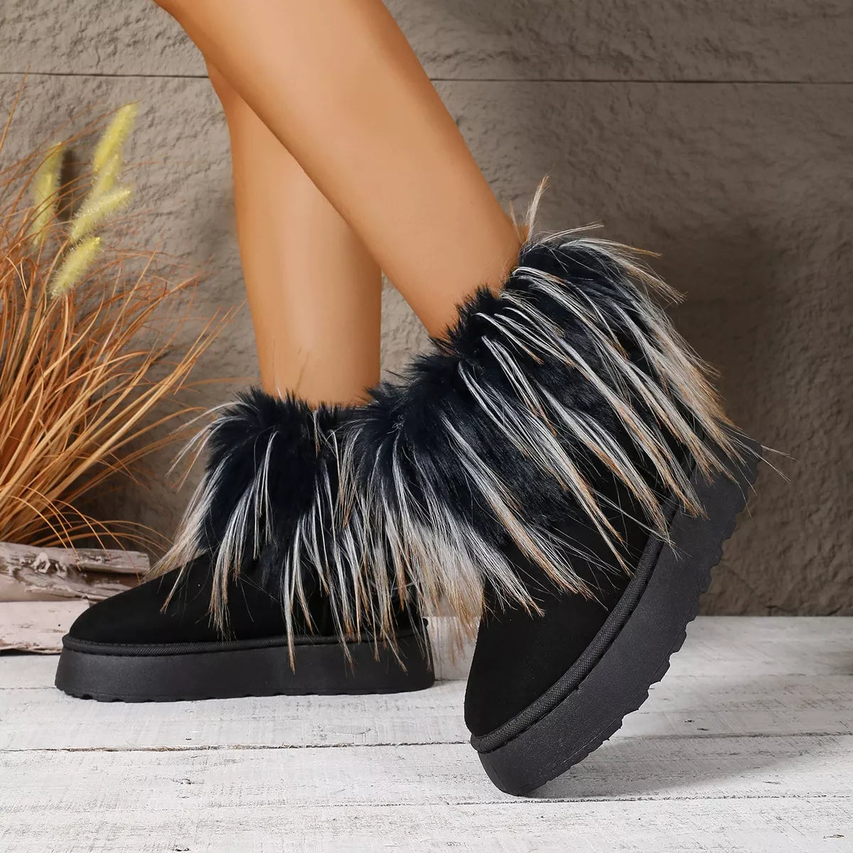 Fuzzy Trim Platform Ankle Boots