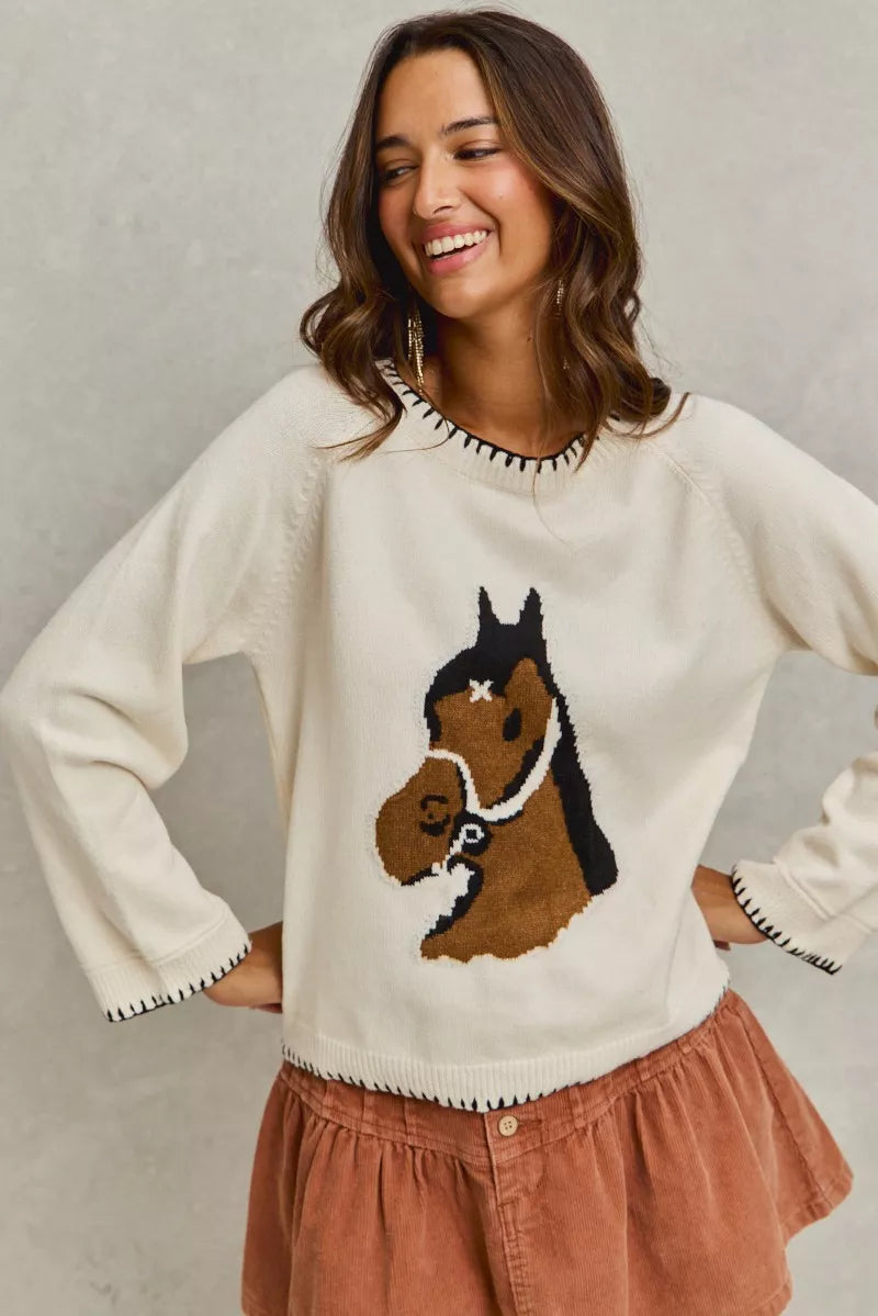 SO ME Horse Knit Sweater Top with Blanket Stitch