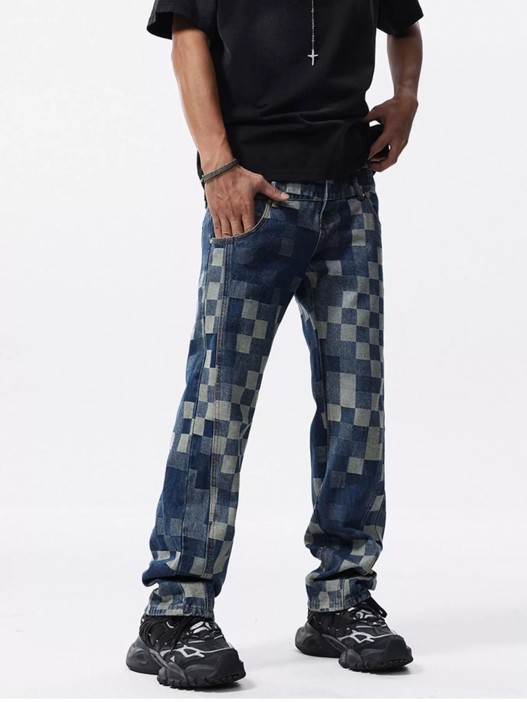 Men's Checkerboard Pattern Relaxed Fit Jeans