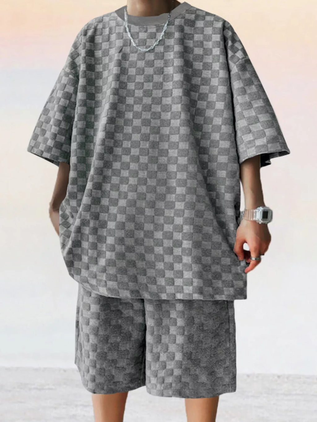 Men's Full Size Textured Short Sleeve Tee and Shorts Casual Set Plus Size