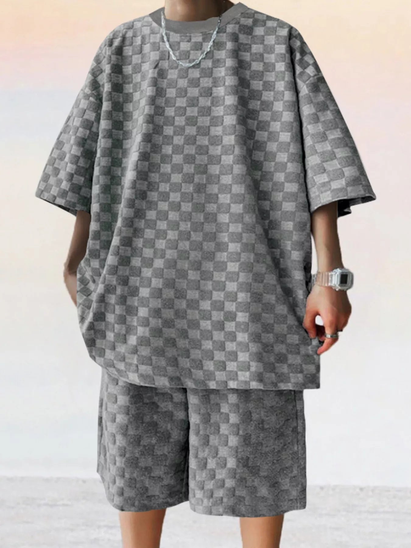 Men's Full Size Textured Short Sleeve Tee and Shorts Casual Set Plus Size