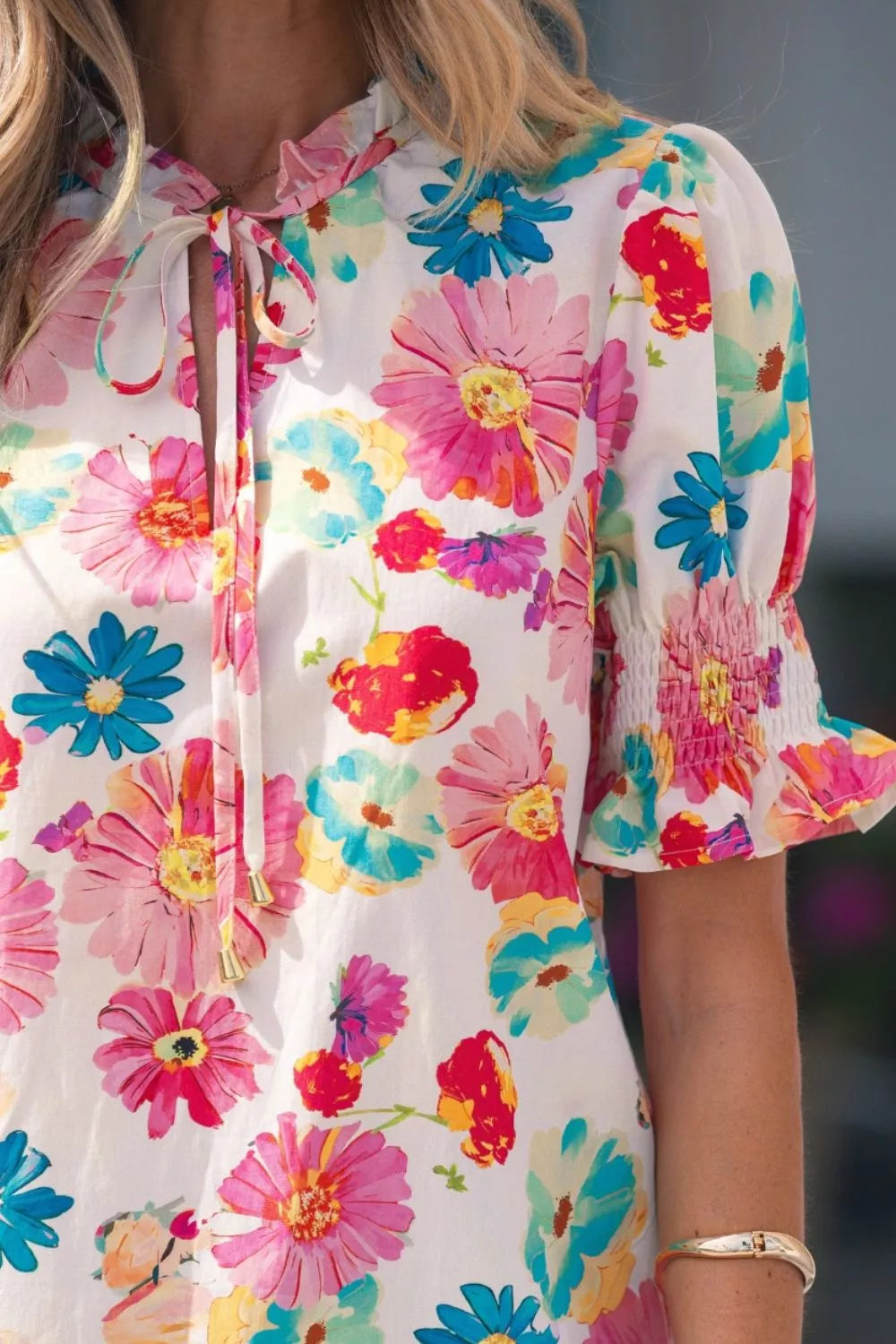 Floral Print Ruched Short Sleeve Blouse