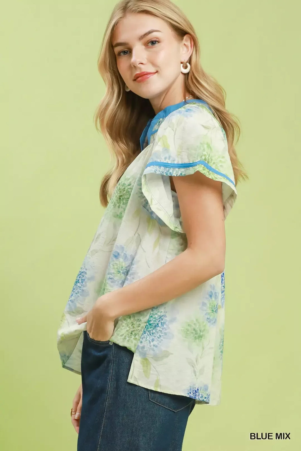 Umgee Floral Flutter Sleeve Blouse