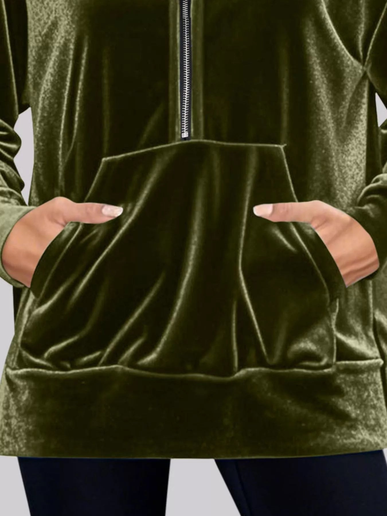 Full Size Velvet Half Zip Hoodie with Kangaroo Pocket Plus Size