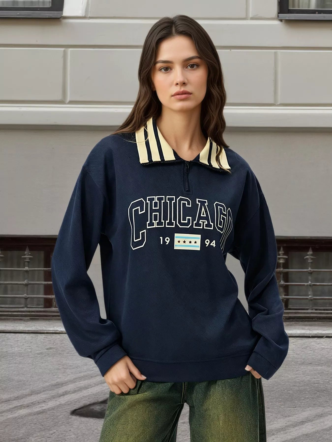 Striped Collar Letter Graphic Sweatshirt