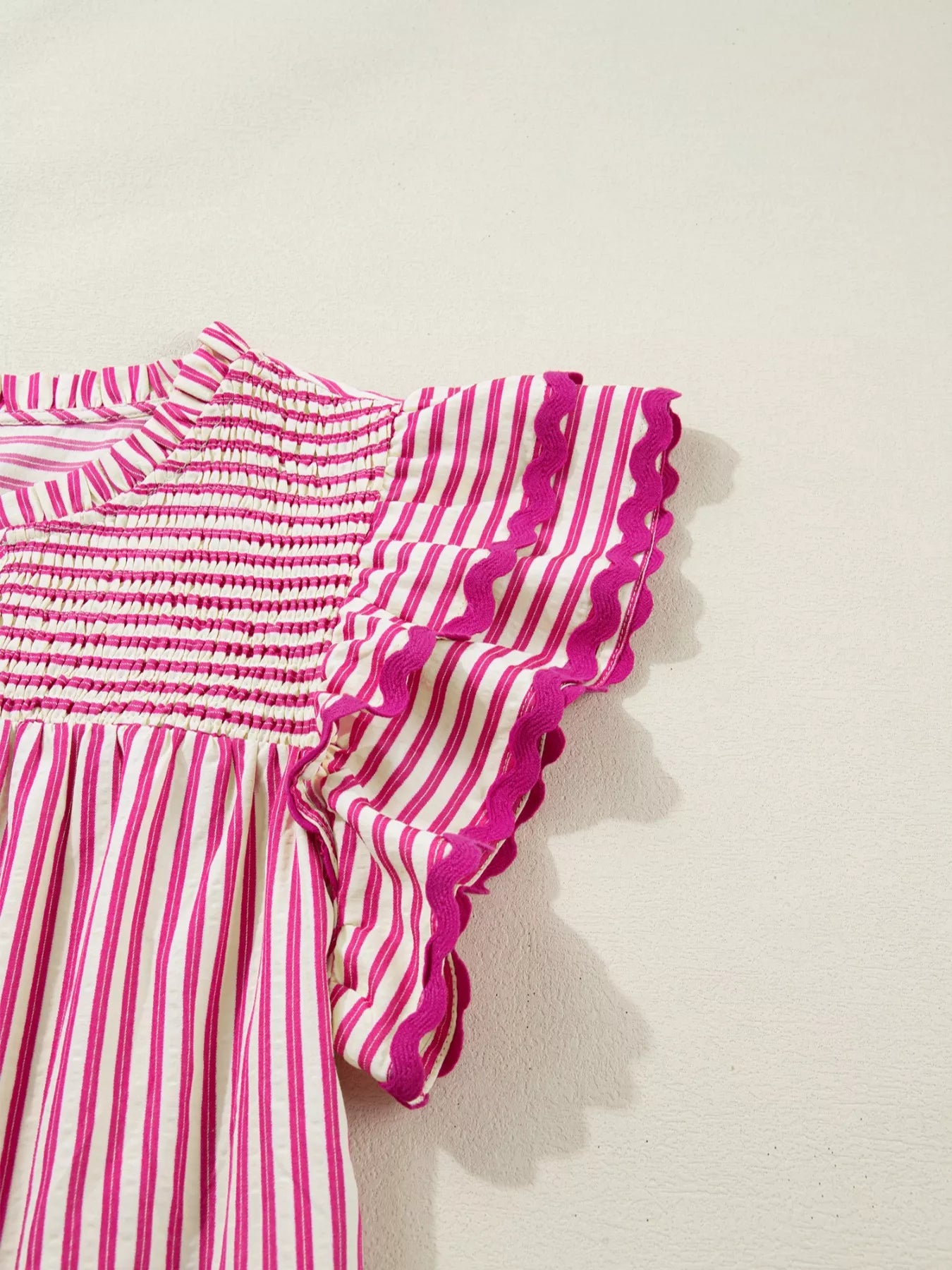 Stripe Shirred Yoke Ruffled Short Sleeve Blouse