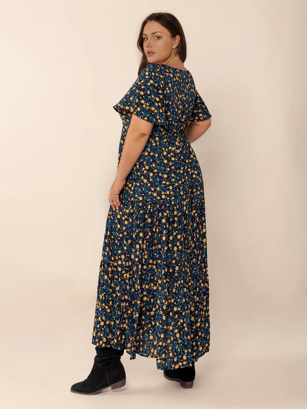 Plus Size Printed Short Sleeve Slit Tiered Maxi Dress