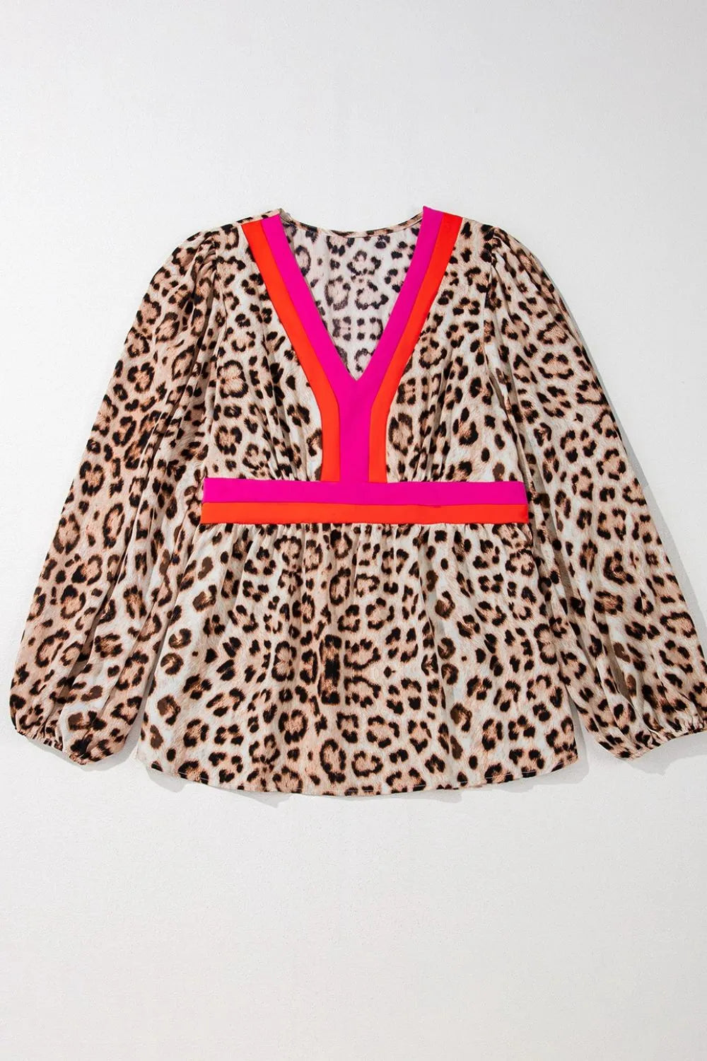 Leopard Print V-Neck Blouse with Contrast Trim