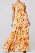 Floral Print Tie Front Tiered Maxi Dress