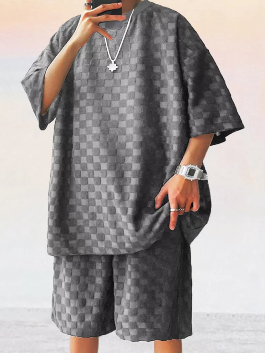Men's Full Size Textured Short Sleeve Tee and Shorts Casual Set Plus Size