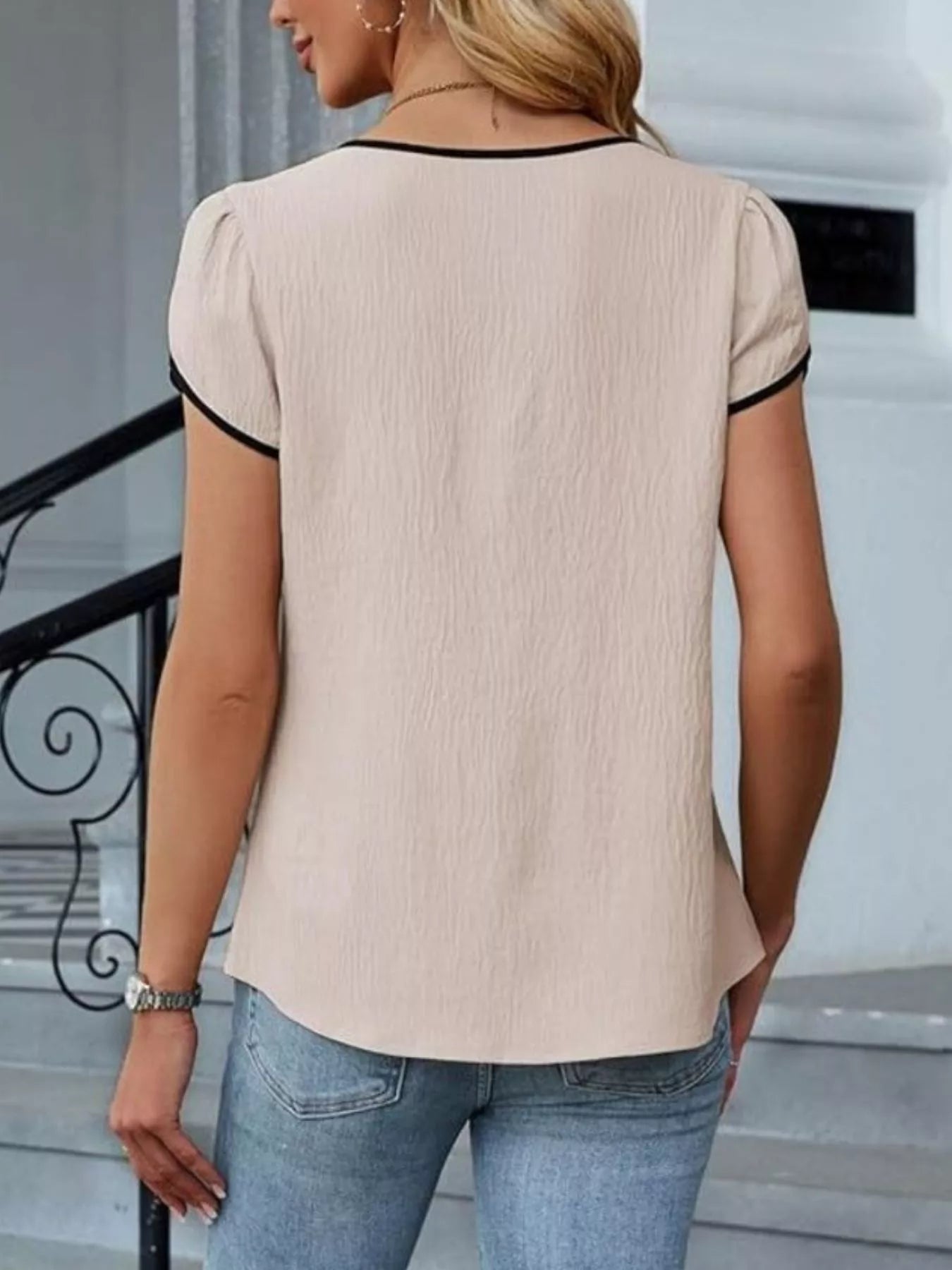 Notched Petal Sleeve Blouse
