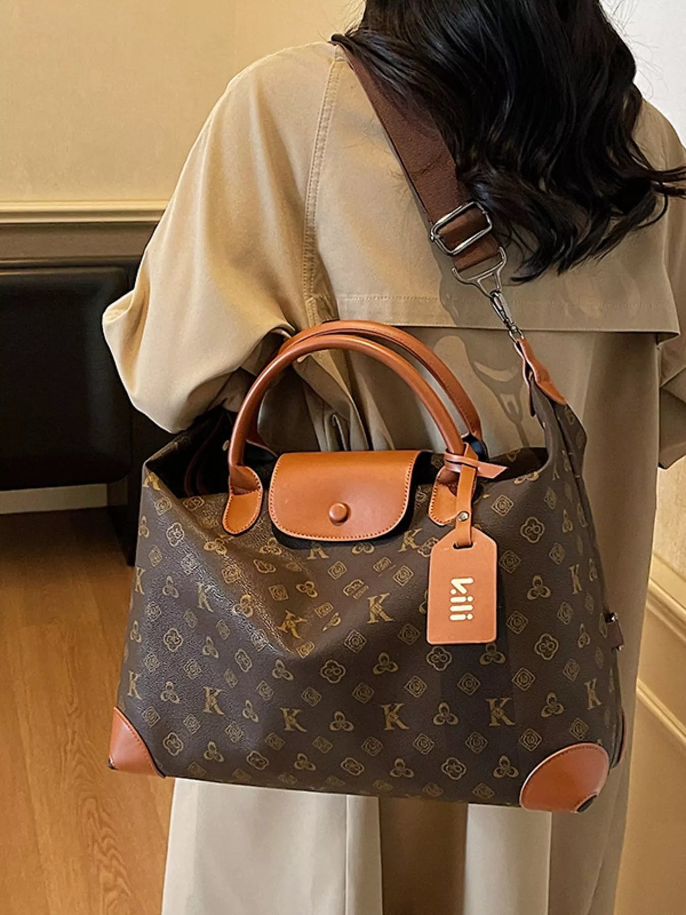 Patterned Leather Trim Crossbody Bag