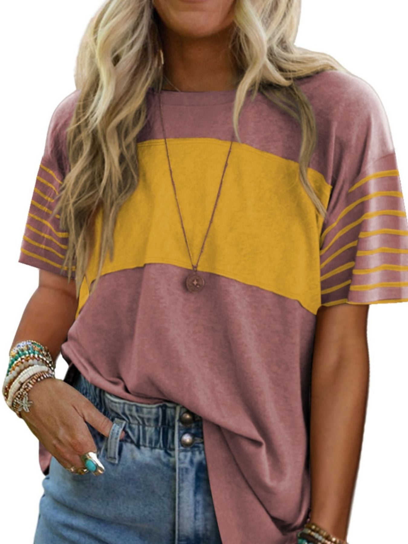 Color Block Striped Detail Loose T Shirt