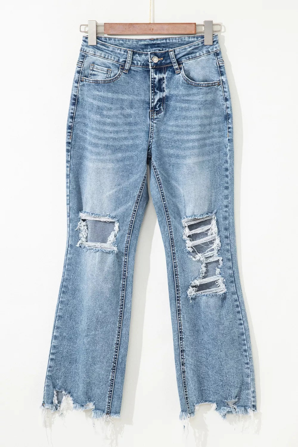 Raw Hem Ripped Open Knee Fit Flare Jeans