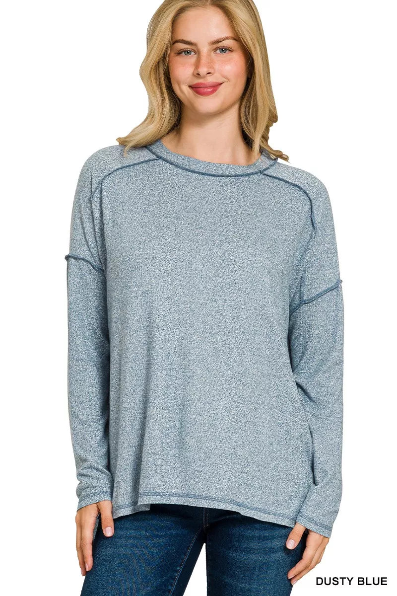 Zenana Full Size Melange Hacci Exposed Seam Hi-low Tee Plus Size