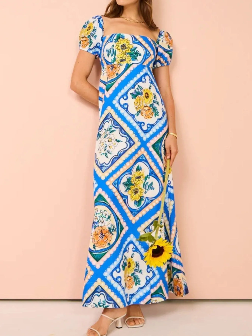 Printed Square Neck Puff Sleeve Maxi Dress