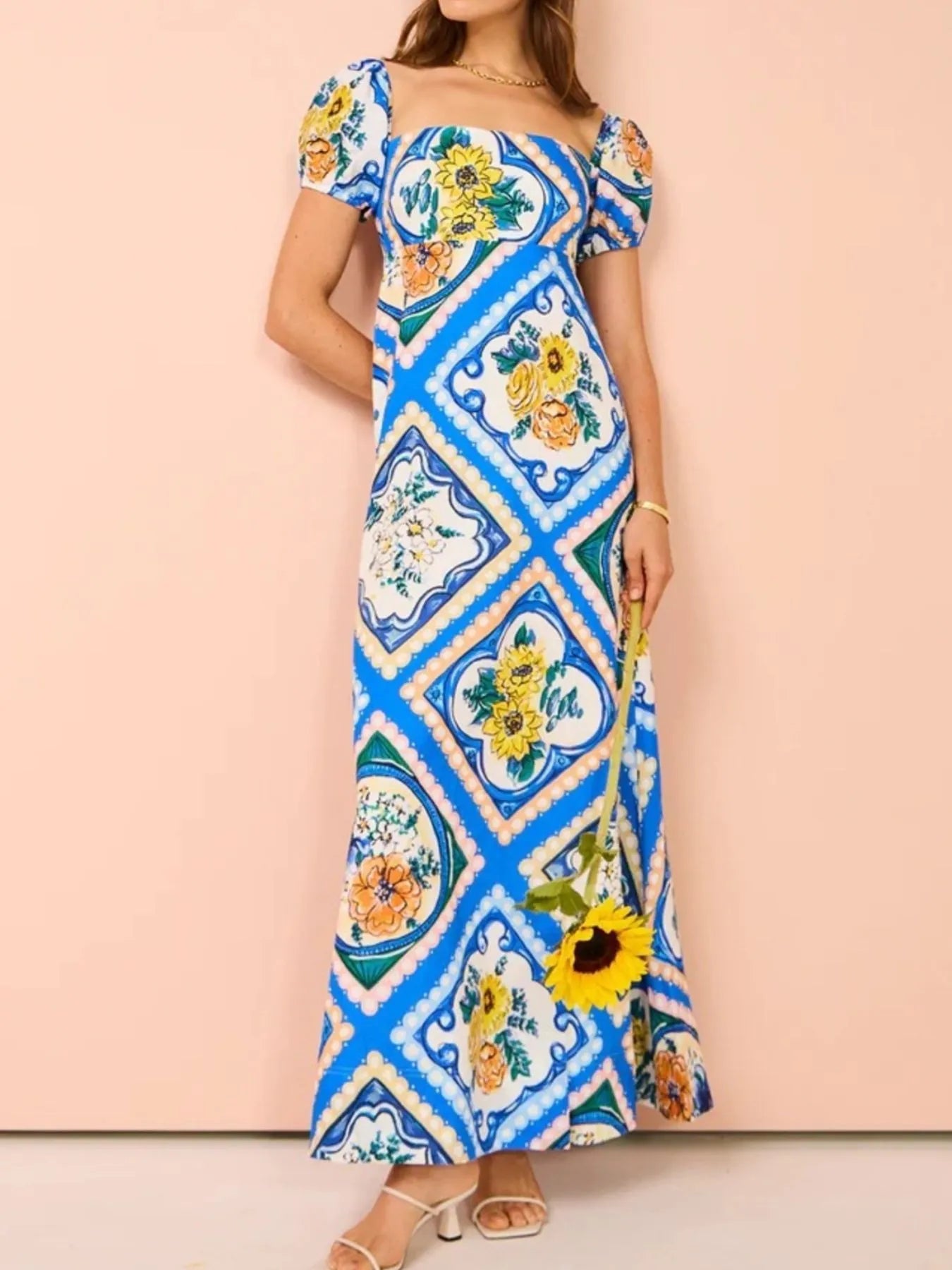 Printed Square Neck Puff Sleeve Maxi Dress