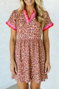Leopard High Waist Ruffled Colorblock Trim Short Dress