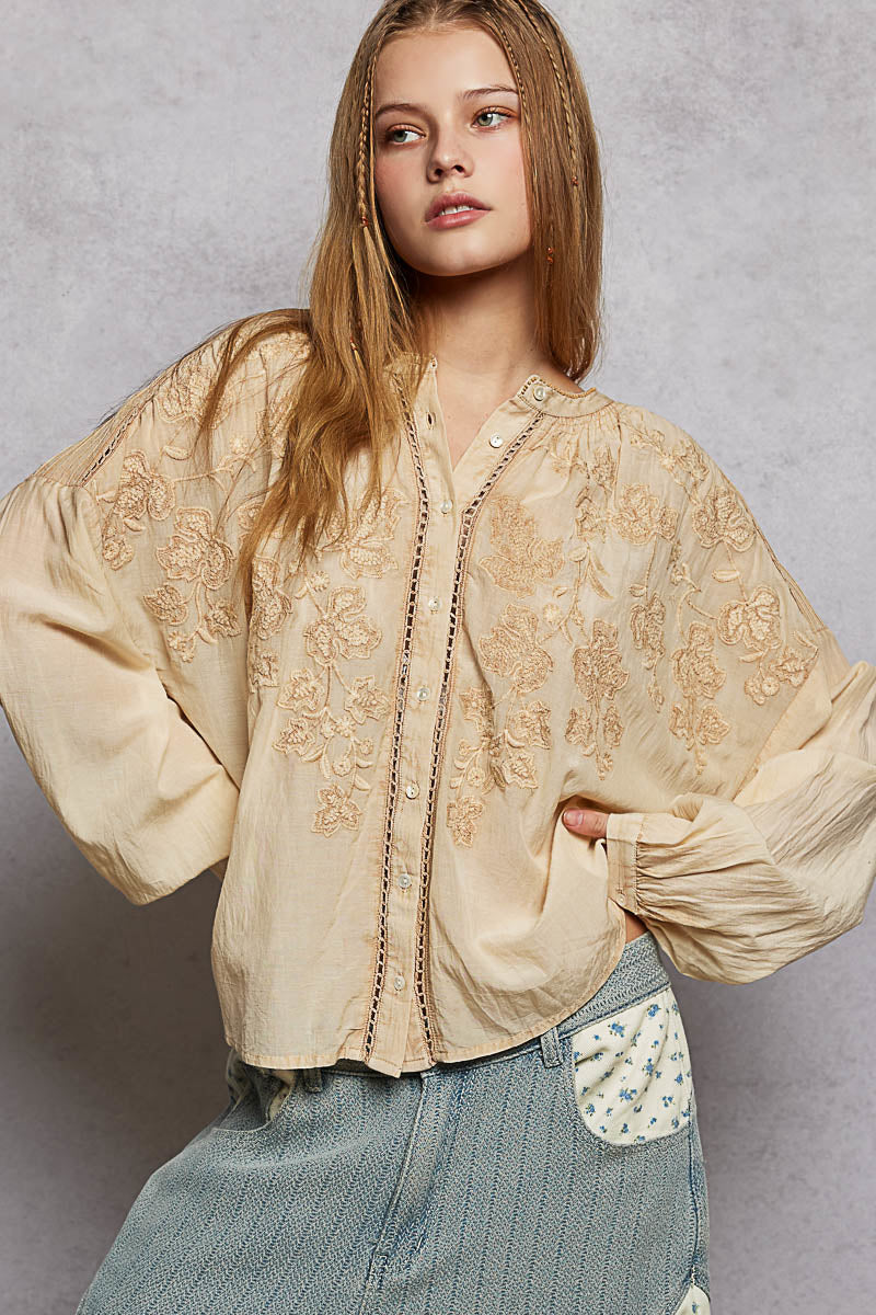 POL Embroidery Button Down Long Sleeve Washed Shirt