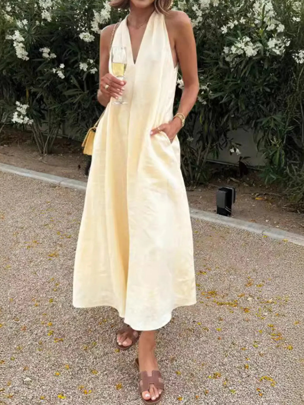 Halter V-Neck Linen Midi Dress