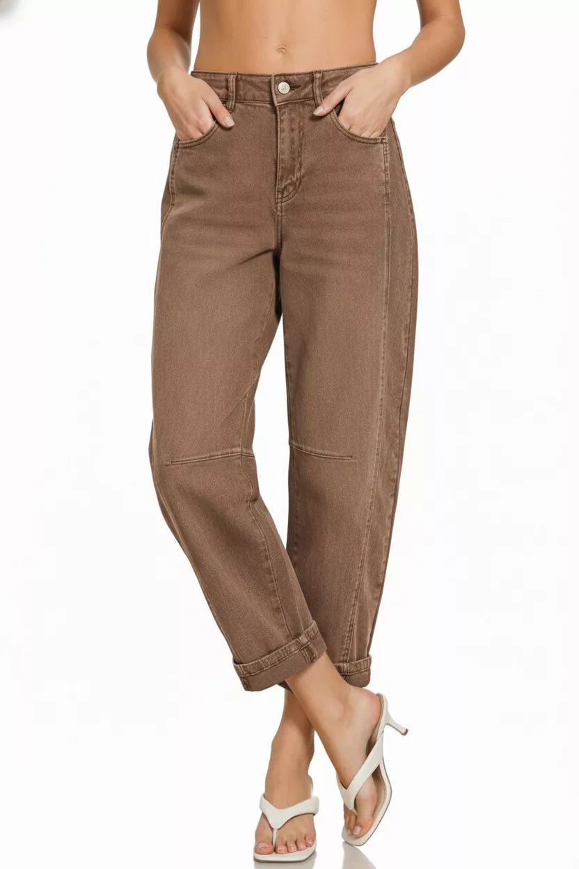 Zenana High Rise Barrel-Leg Cropped Jeans