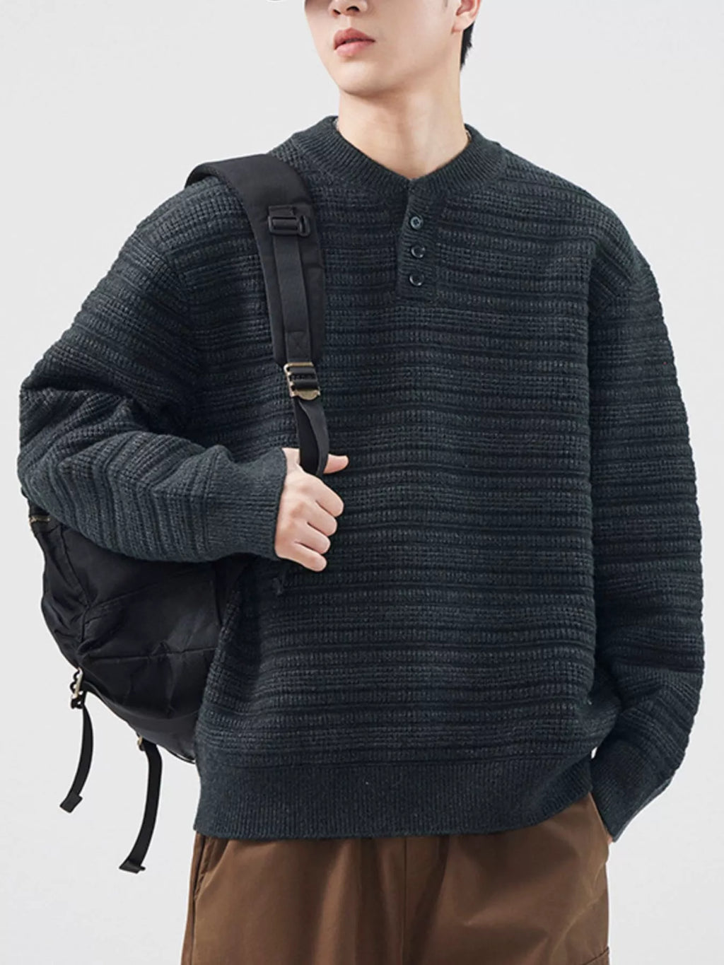 Men's Plus Size Button Detail Long Sleeve Sweater