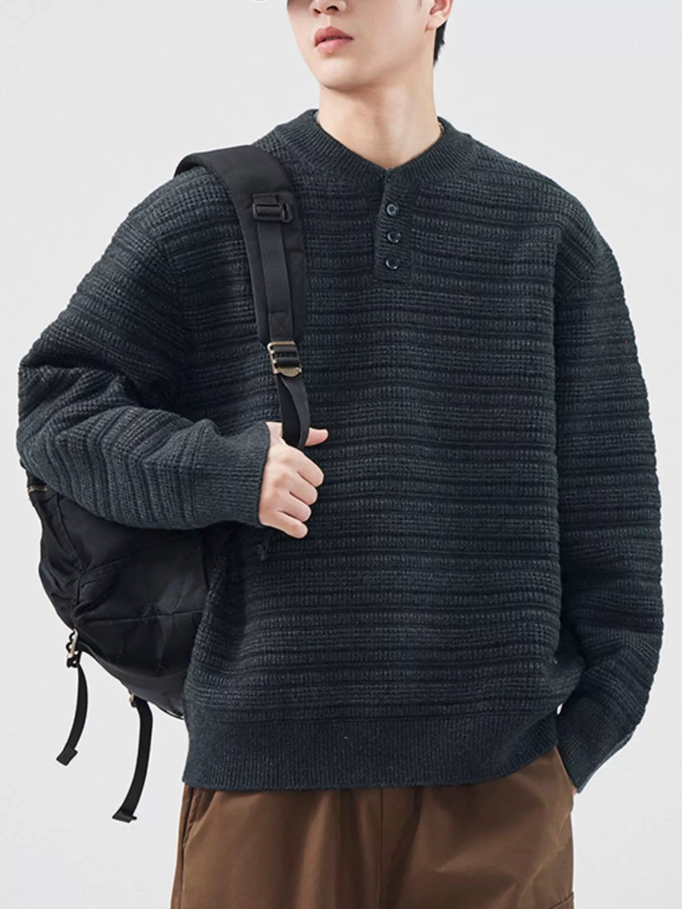Men's Plus Size Button Detail Long Sleeve Sweater
