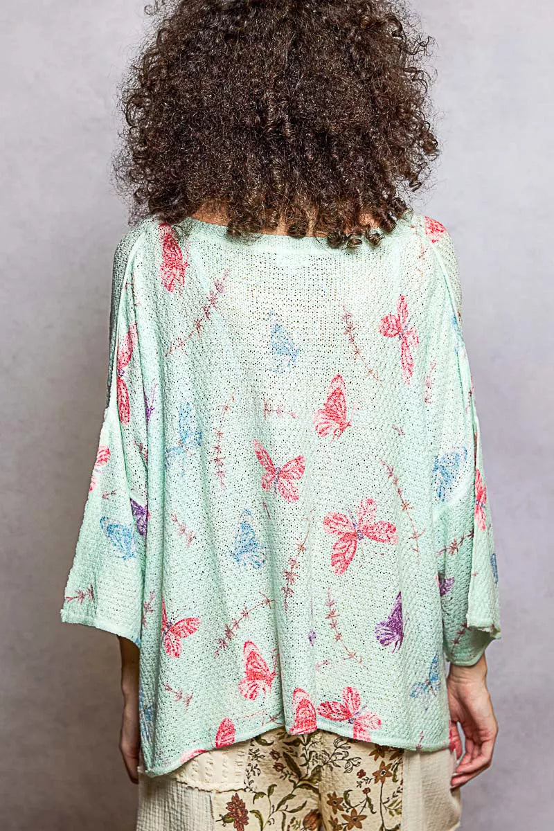 POL Butterflies Pattern Round Neck knit Top with Outseam Rolling Edge