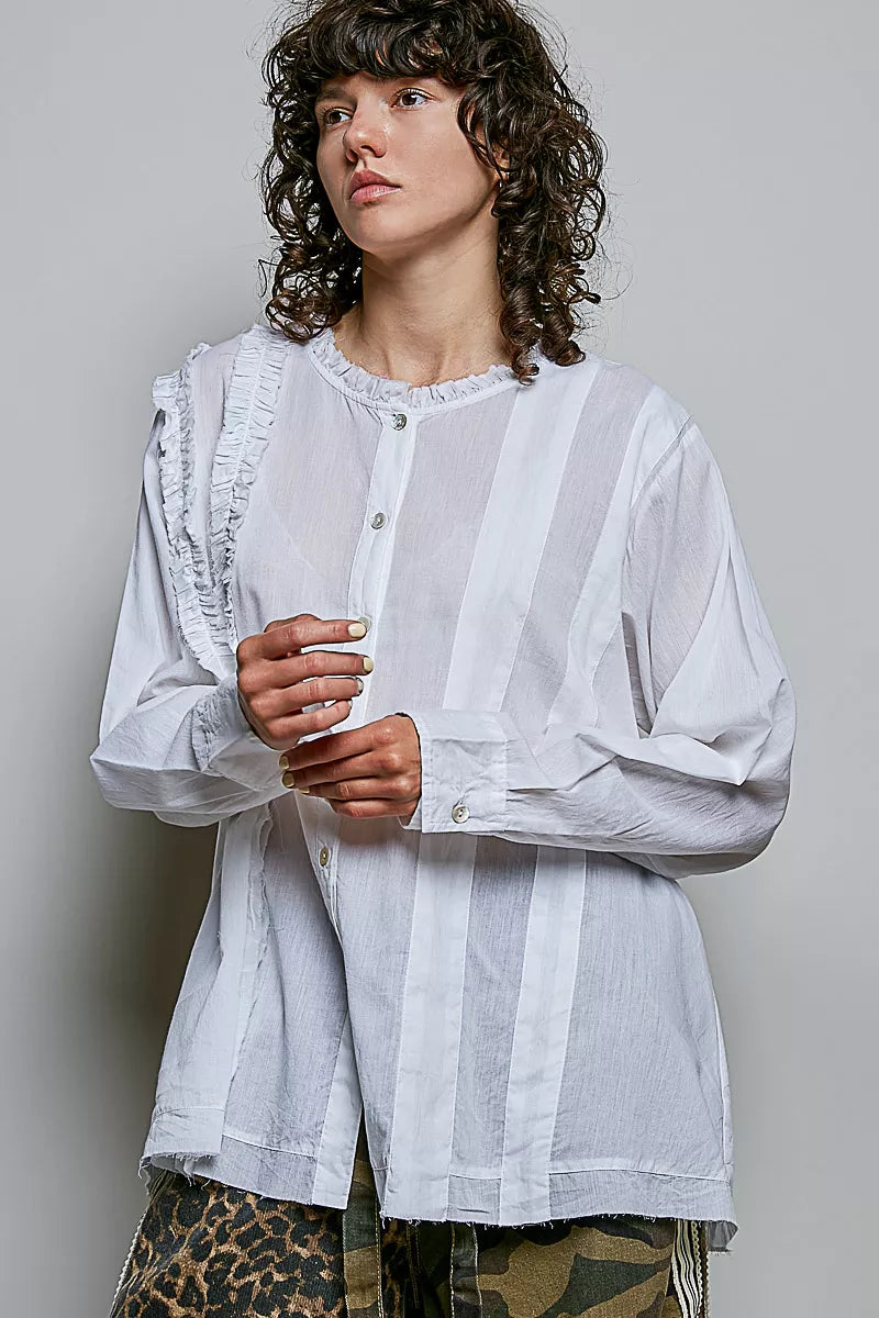POL Lightweight Ruffle Trim Round Neck Woven Shirt