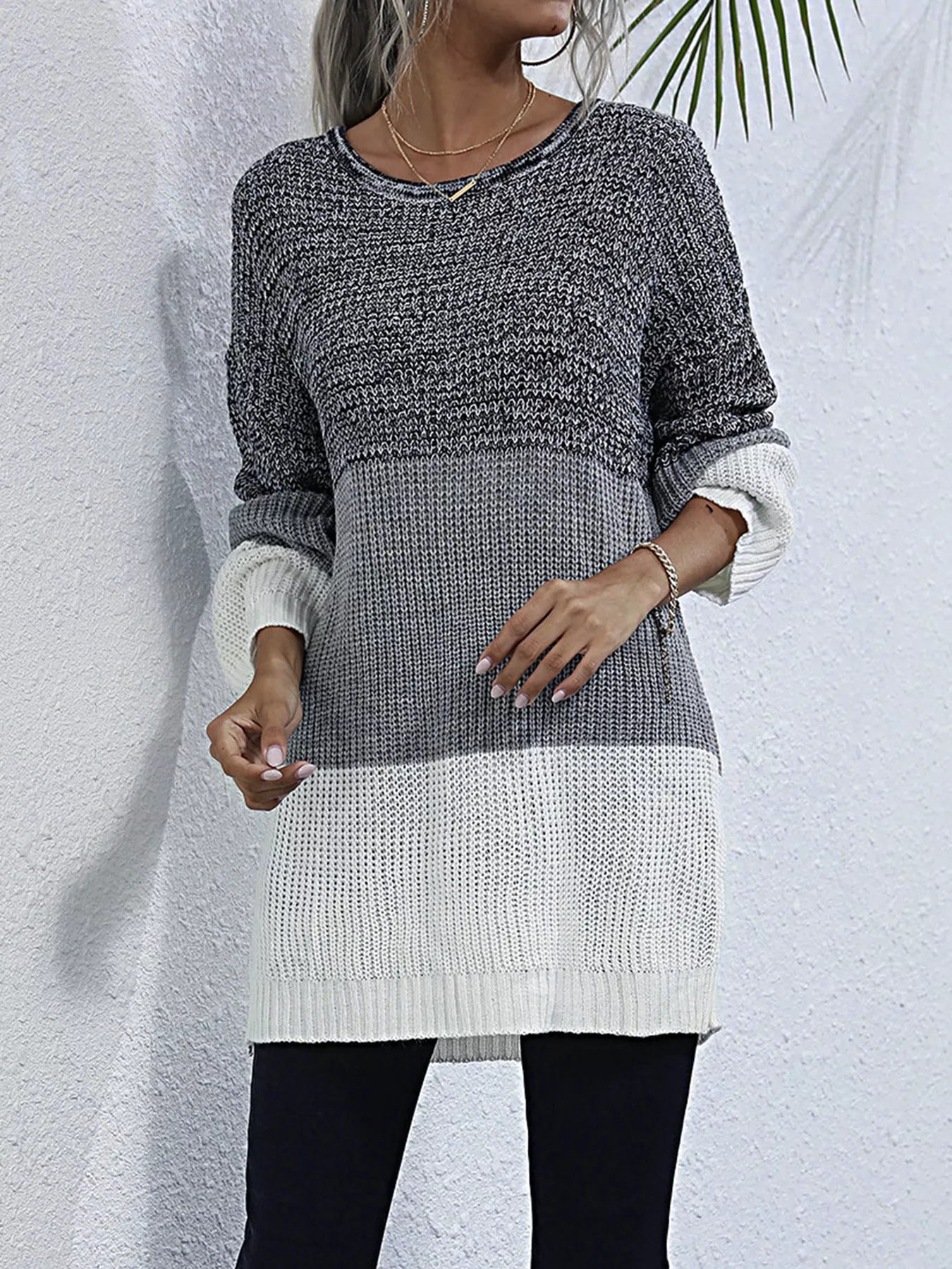 Color Block Round Neck Oversized Sweater