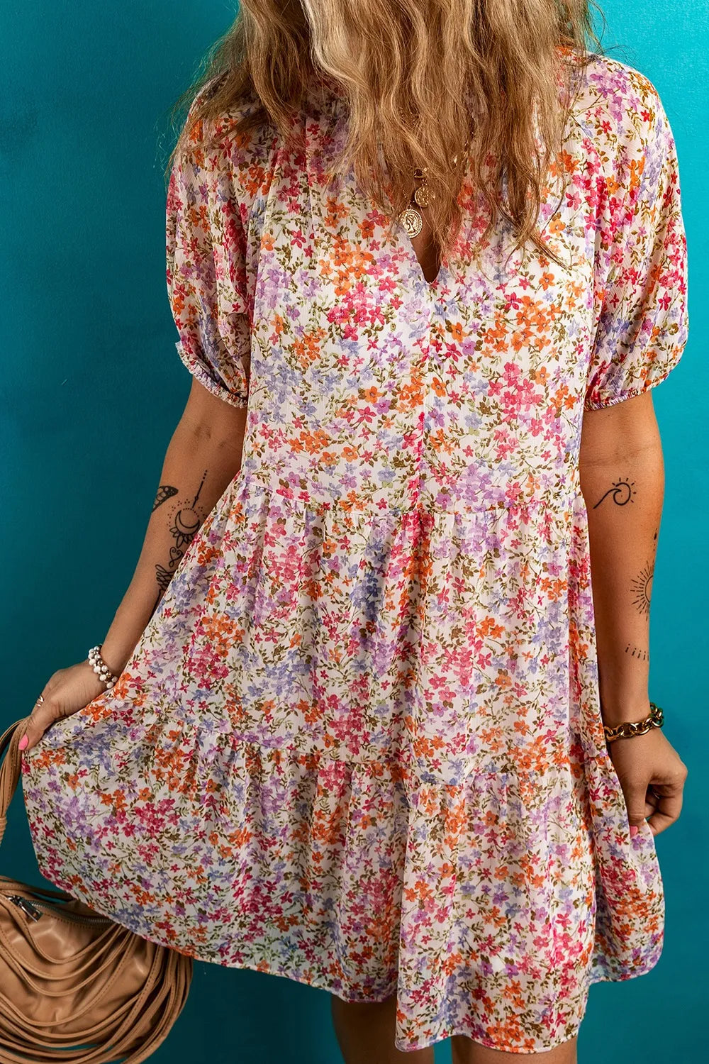 Floral Puff Sleeve Notched Tiered Mini Dress