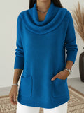 Full Size Cowl Neck Long Sleeve Sweater with Pockes Plus Size