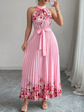 Halter Neck Floral Print Pleated Maxi Dress