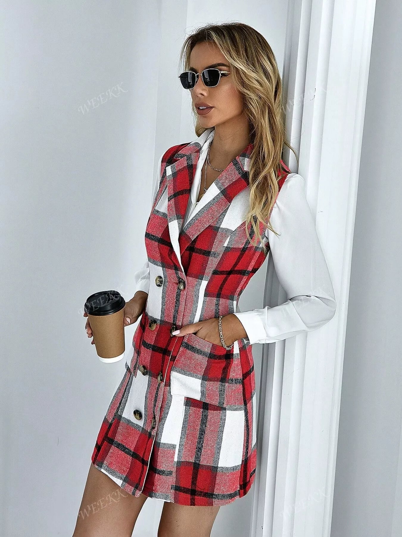 Plaid Double-Breasted Sleeveless Blazer Dress