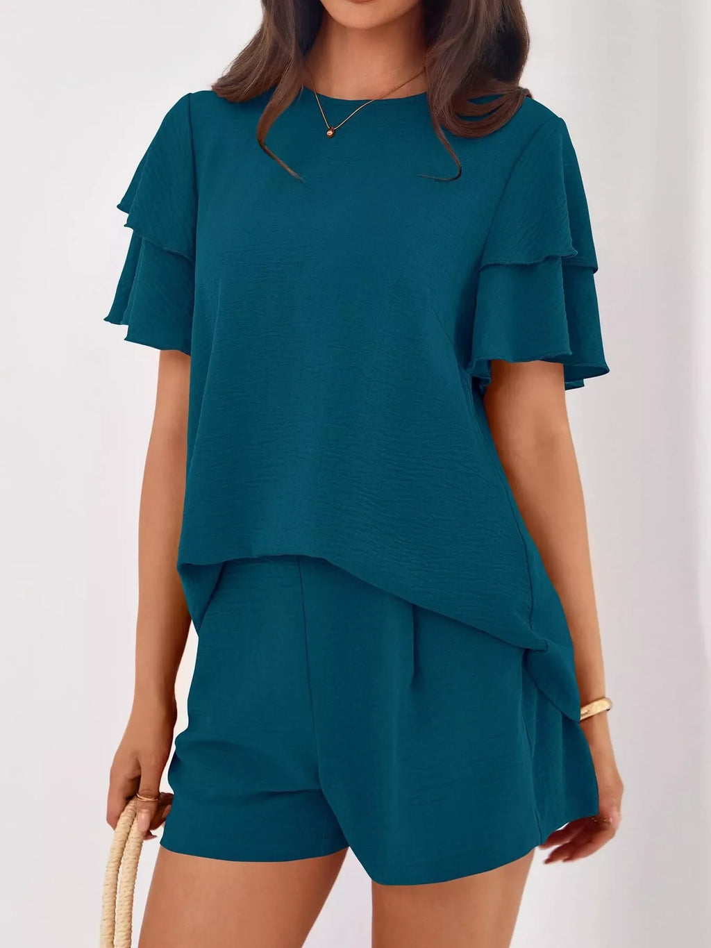 Ruffle Sleeve Top and Shorts Two-Piece Set