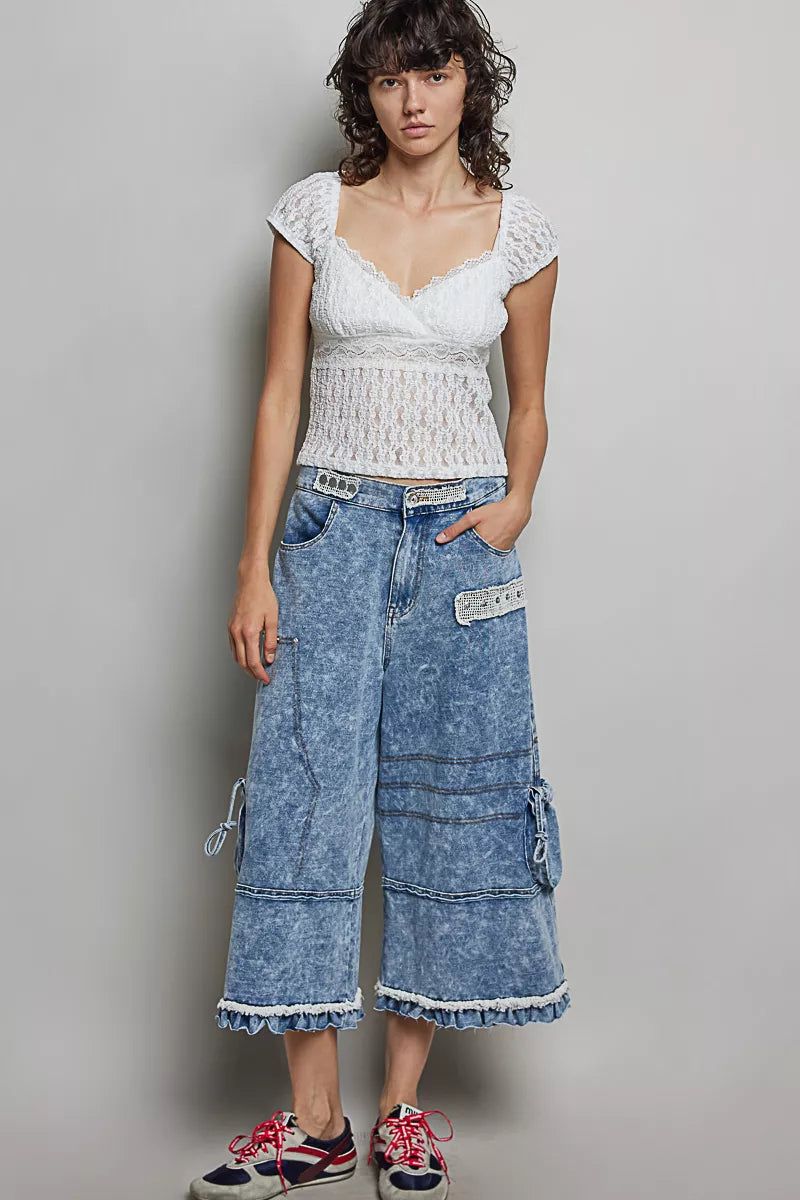 POL Sweetheart Neck Lace Short Sleeve Top