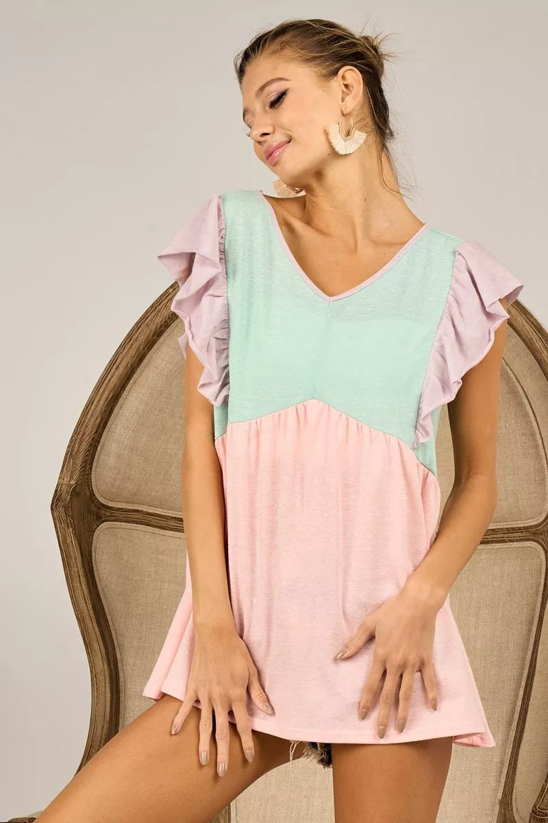 BiBi Triblend Color Block Ruffled Sleeve Babydoll Top