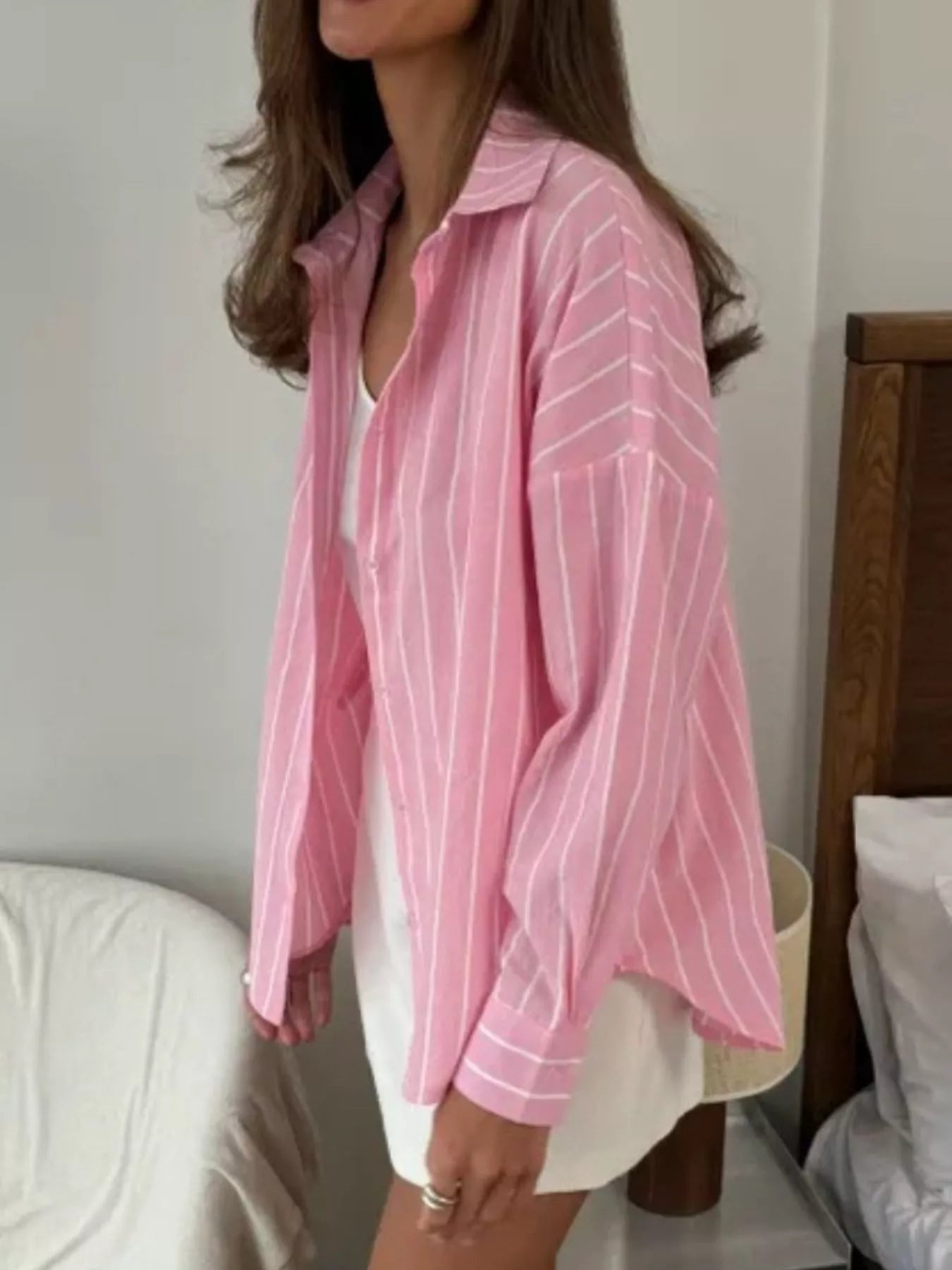 Button Down Striped Collared Neck Long Sleeve Shirt